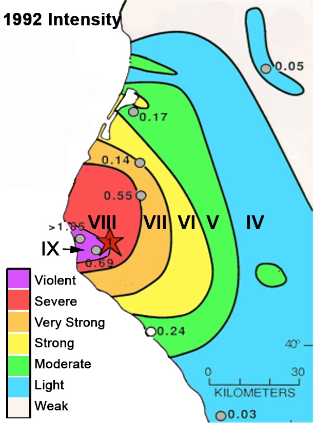 Map showing the distribution of felt shaking intensity across the region after the first earthquake