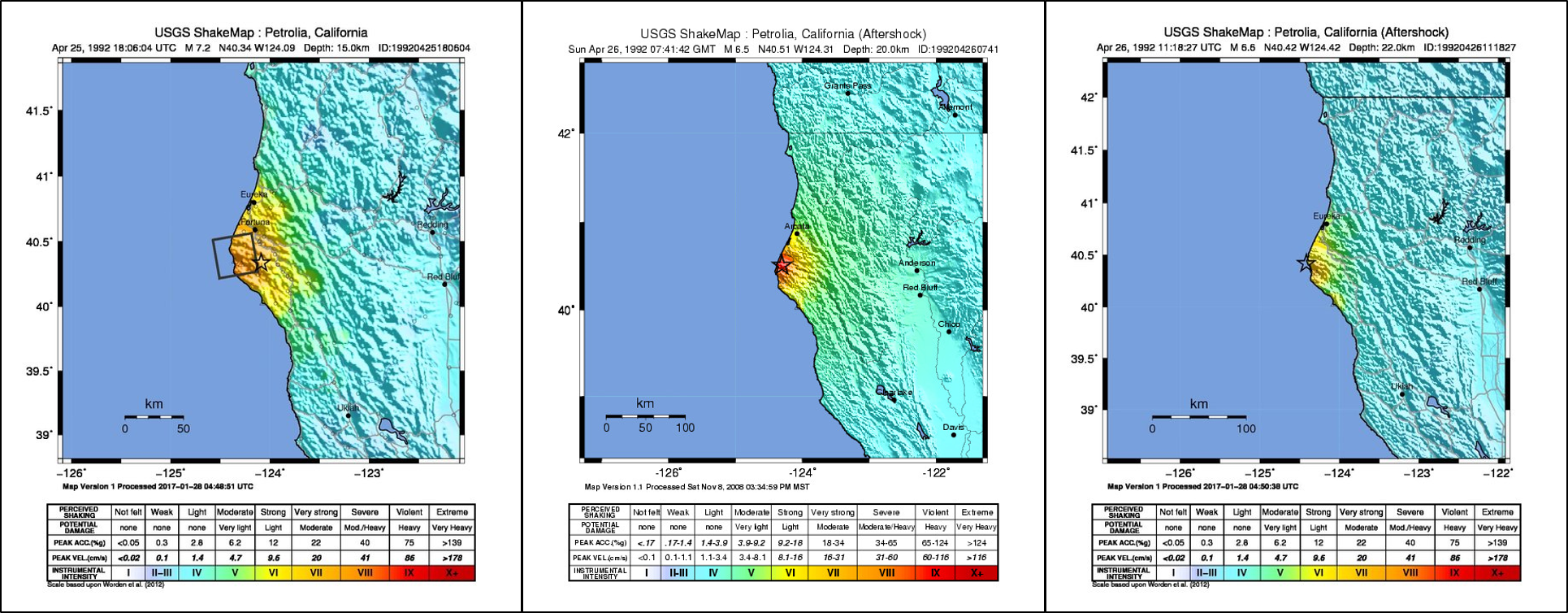 Collection of Shakemaps showing the shaking intensity for the three largest earthquakes