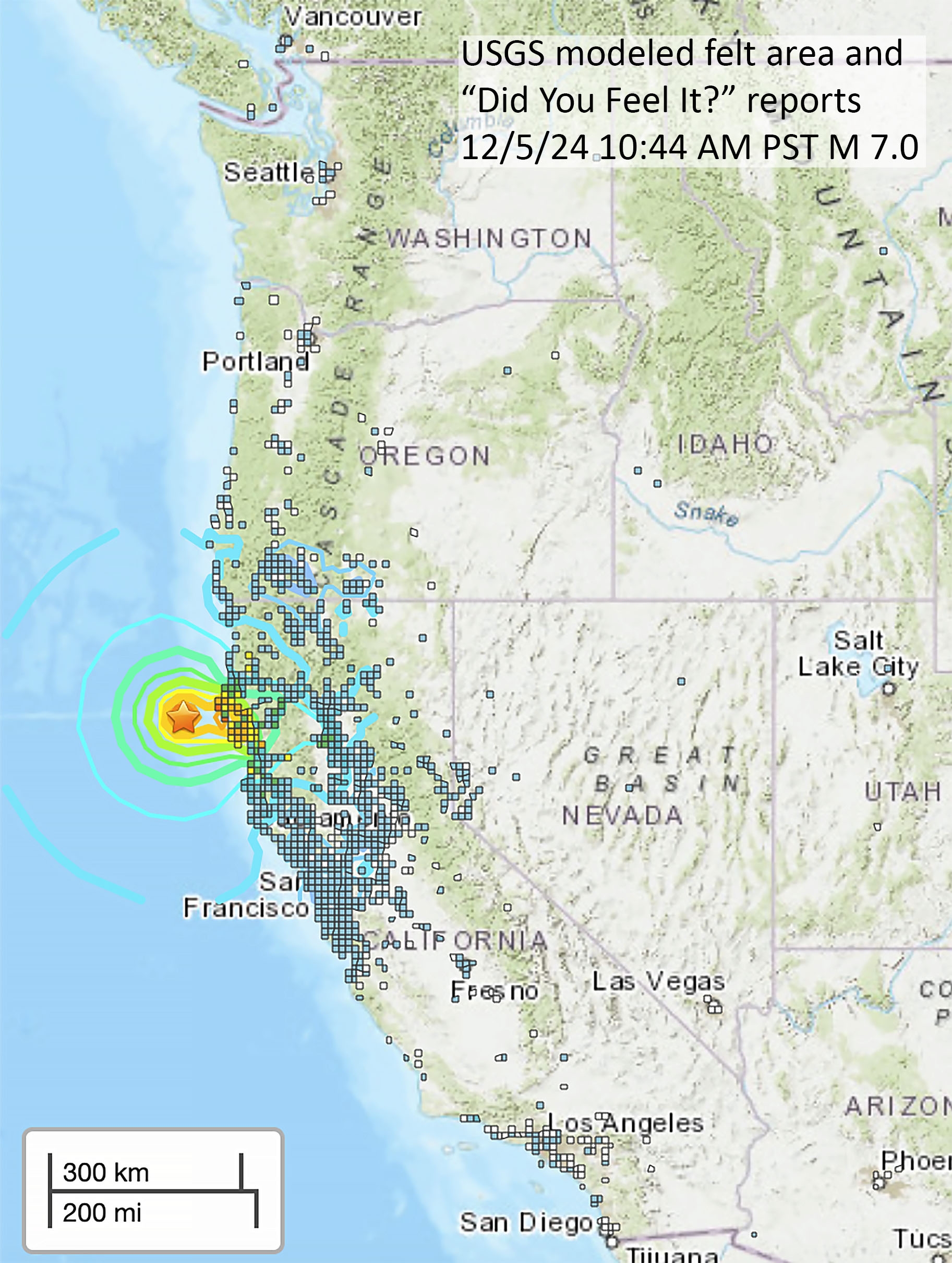Felt earthquake reports for the Dec 5, 2024 earthquake. Reports gathered across the west coast.