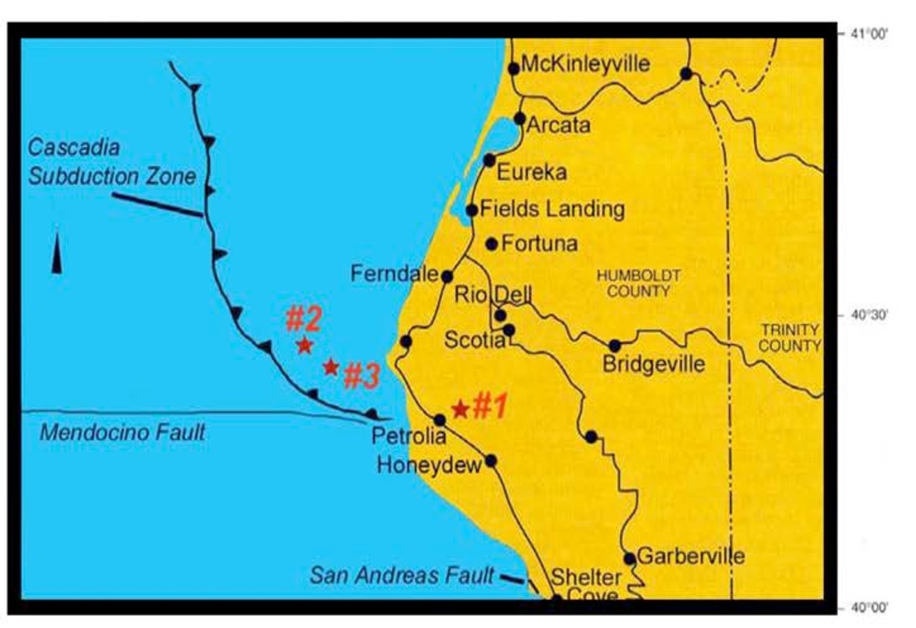 Map showing the regions of the northern California coastline along with the locations the 3 largest earthquakes from April 25 & 26, 1992. 