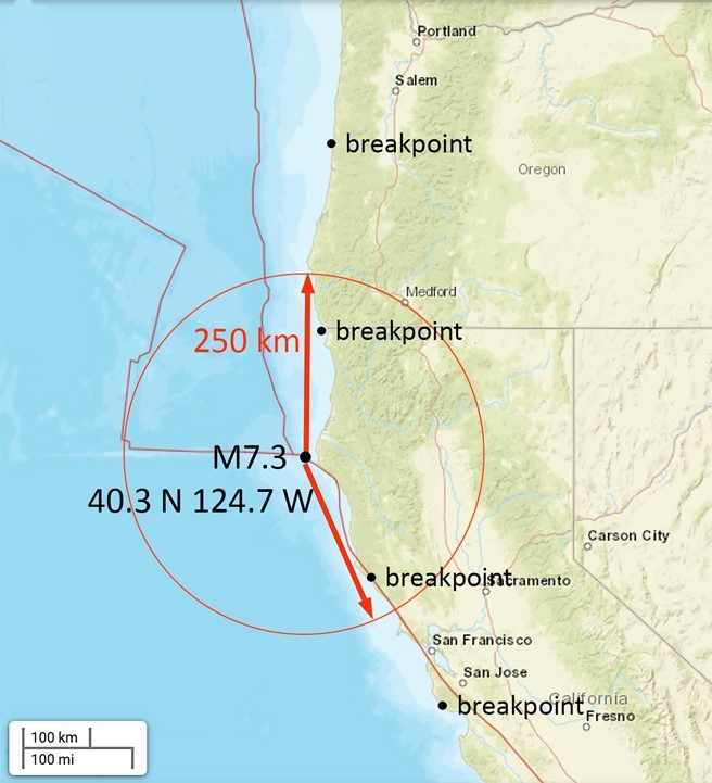 Map showing the area around an earthquake that would receive a tsunami warning