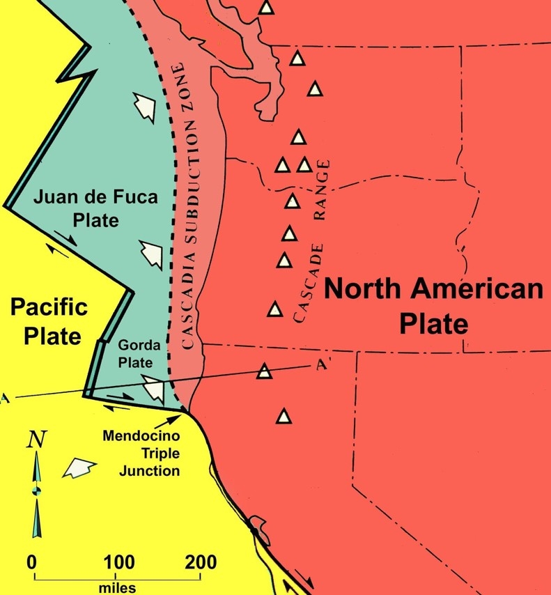 Map of the tectonic plates in the Pacific Northwest with the Pacific plate to the west, Juan de Fuca plate in the middle, ad the North American plate to the east. 