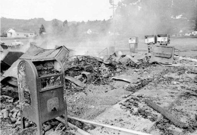 Damage observed in Petrolia after the earthquake caused a fire