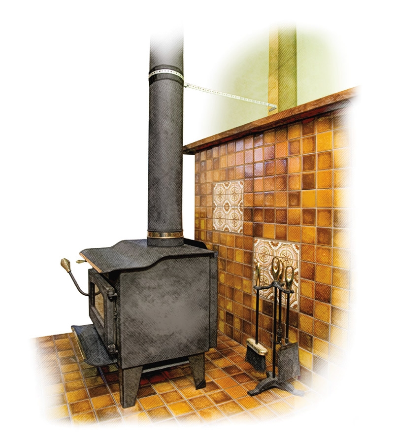 Wood stove with an anchor to the wall from the stove pipe