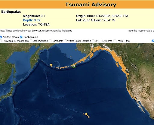 Tsunami Advisory map issued by the National Tsunami Warning Center
