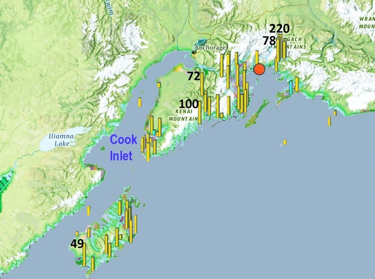Observed tsunami heights recorded in Alaska after the 1864 earthquake