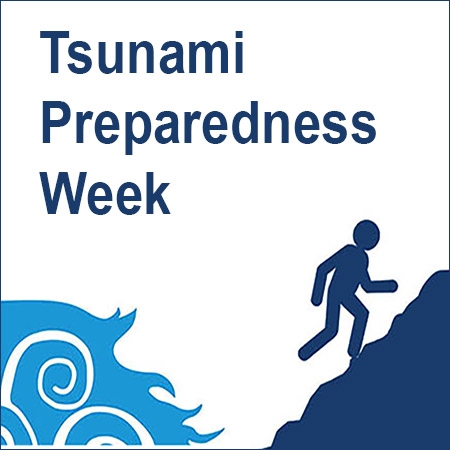Tsunami Preparedness Week icon showing a person walking to high ground