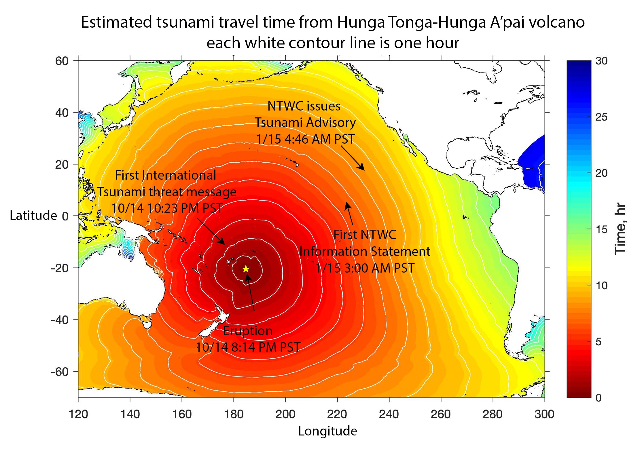 Tsunami Travel Time Map for the Pacific Ocean with timing of tsunami alerts - large