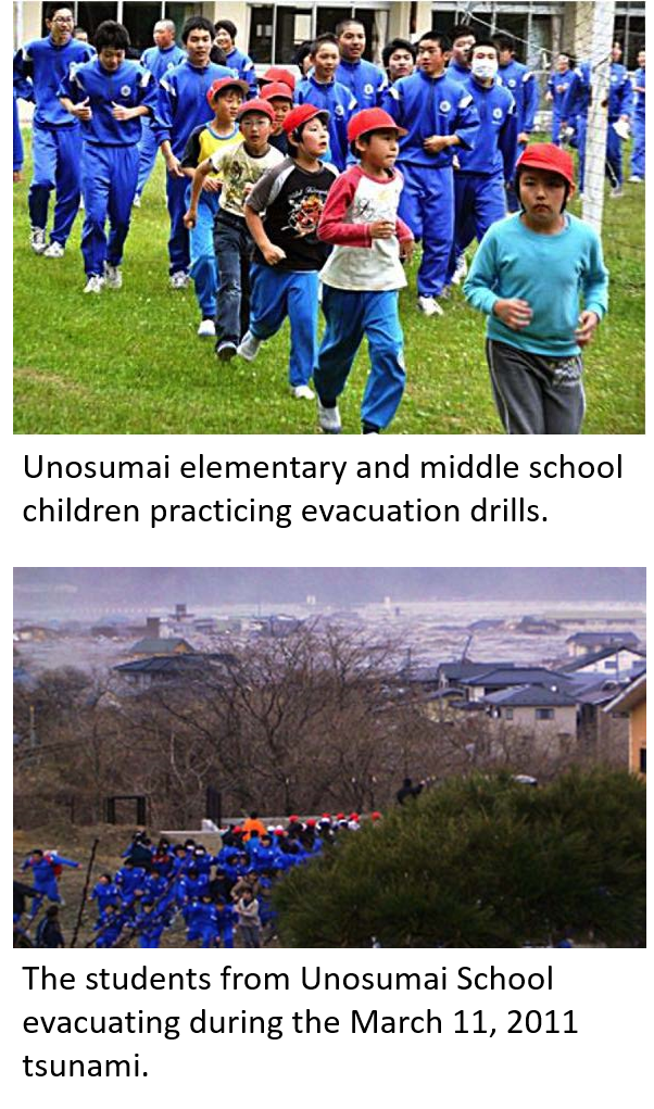 Photos of Unosumai School students practicing their tsunami drill and during the real event in 2011