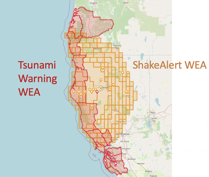 Map displaying the regions notified by WEA for the tsunami and ShakeAlert